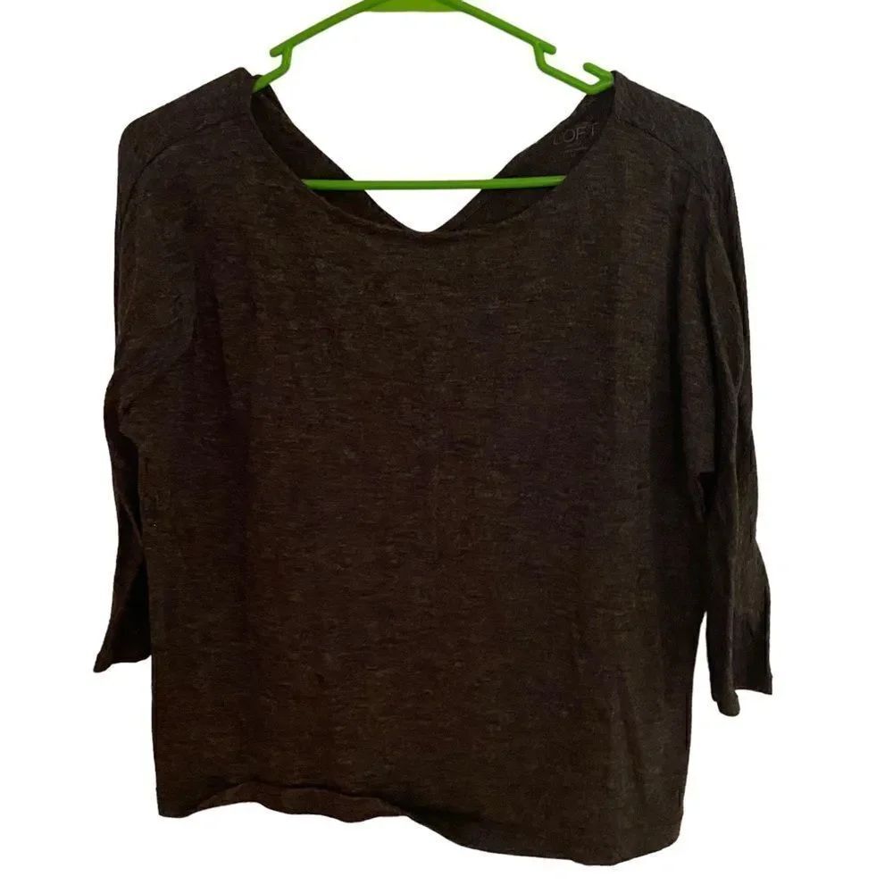 Loft Petite Small 3/4 sleeve charcoal gray tie back blouse